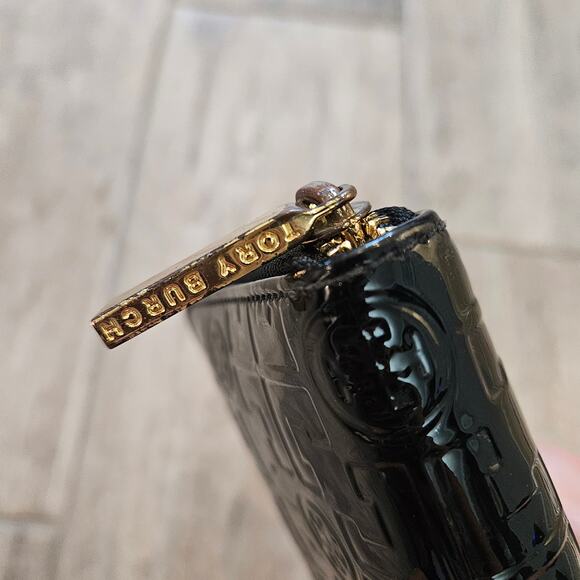 Tory Burch Patent Leather Emerson Logo Zip-Around Wallet Black Embossed Timeless - Picture 5 of 14